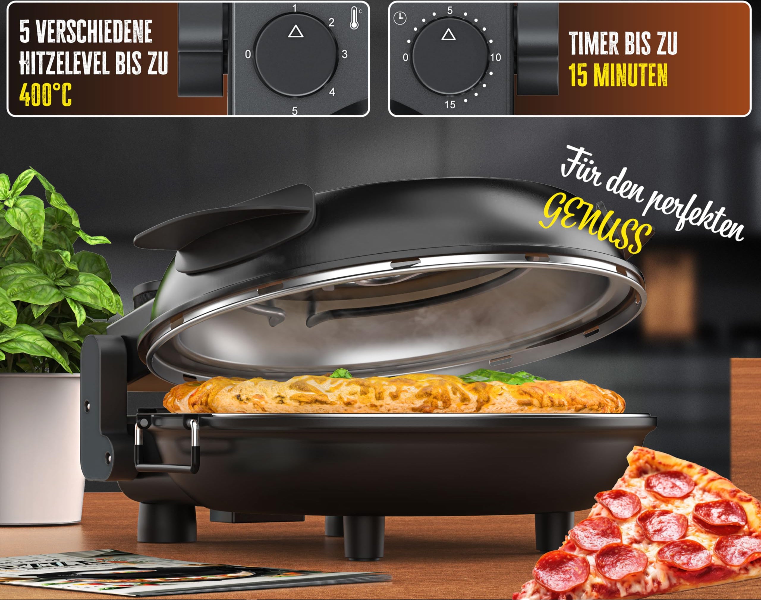 KESSER® Pizza-Ofen elektrisch bis 400 Grad | Elektrischer Pizzabäcker 1200W mit feuerfester Steinplatte & Timer Durchmesser 32cm | 5 Heizstufen & Sichtfenster | inkl. Pizzaschneider & Rezeptbuch